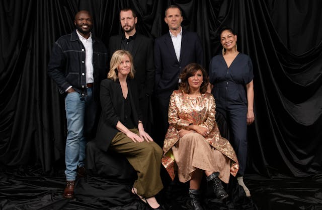 The Contenders: Moses Bwayo, Mstyslav Chernov, John Battsek, Nisha Pahuja, Michelle Mizner, and Kaouther Ben Hania compete for the 2024 Best Documentary Feature Oscar. / Photo by Owen Kolasinski, courtesy of Academy Museum Foundation and A.M.P.A.S.