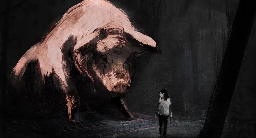 Towering friend or foe: a Jewish girl's mind wanders as she listens to a "Letter to a Pig" / Photo courtesy of ShortsTV.