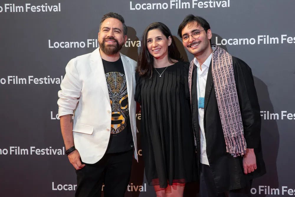 Director Mauricio Calderón Rico and producers Araceli Velazquez and Daniel Loustaunau at the 2023 Locarno Film Festival / Photo courtesy of Daniel Loustaunau and Colectivo Colmena.