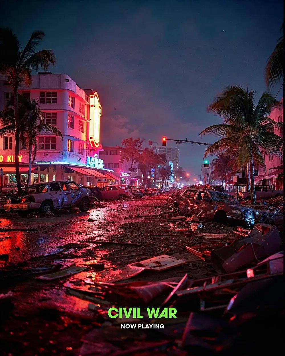 The fall of Miami Beach: you won't see this on "Civil War," but the AI-generated poster enticed ticket buyers. / Poster courtesy of A24.