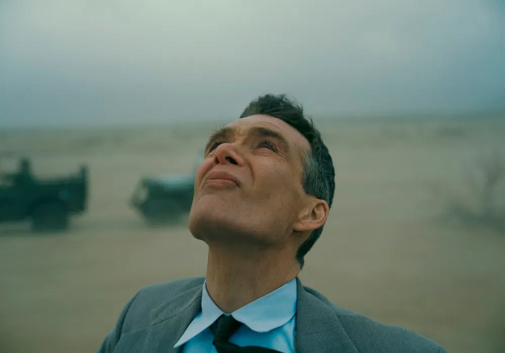 Are they airdropping my Oscar?: Cillian Murphy scans the skies in "Oppenheimer" / Photo courtesy of Universal Pictures.