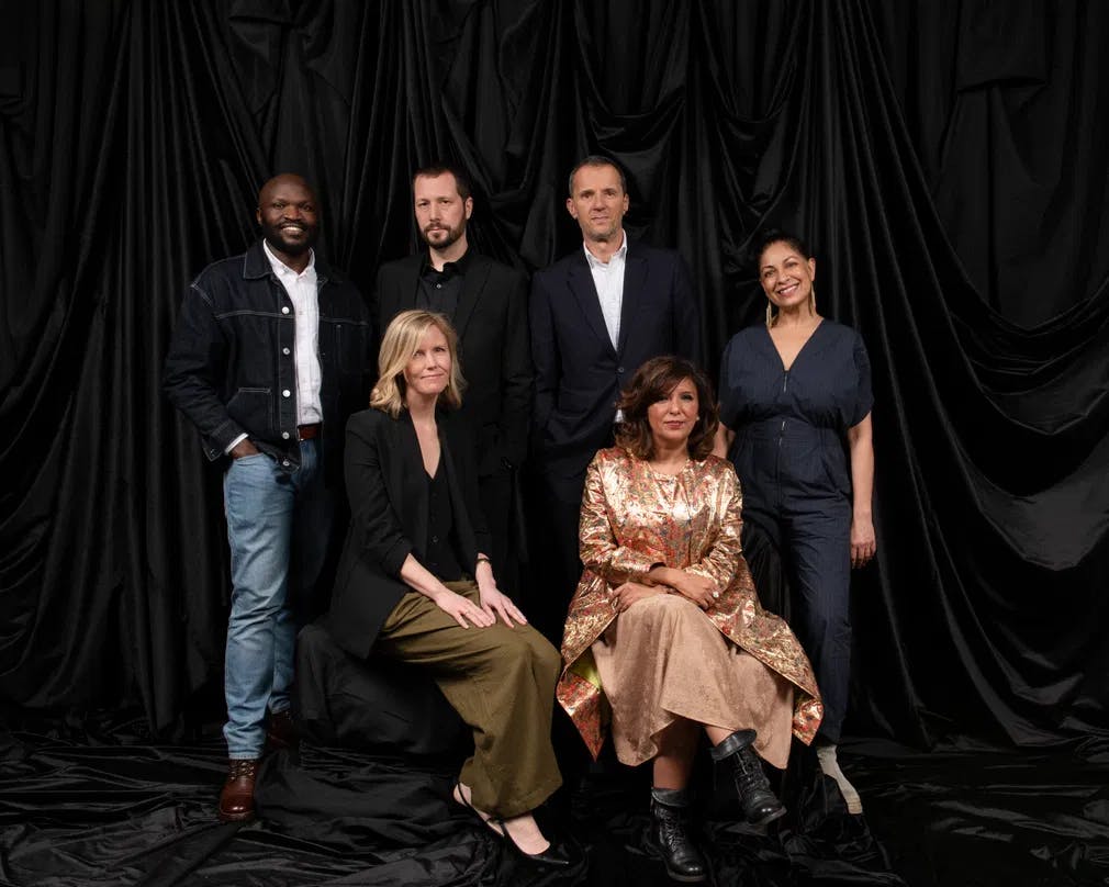 The Contenders: Moses Bwayo, Mstyslav Chernov, John Battsek, Nisha Pahuja, Michelle Mizner, and Kaouther Ben Hania compete for the 2024 Best Documentary Feature Oscar. / Photo by Owen Kolasinski, courtesy of Academy Museum Foundation and A.M.P.A.S.